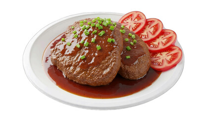 Two Juicy Hamburgers Covered in Savory Brown Sauce Topped with Chopped Green Onions Served with Sliced Fresh Red Tomatoes on a White Plate with a Transparent Background