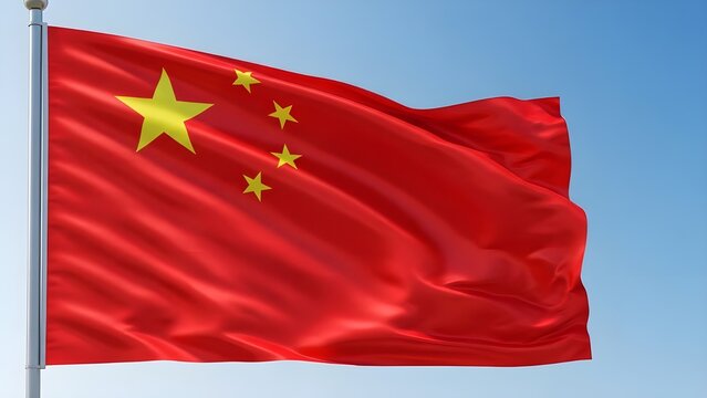 Chinese flag waving against a blue sky