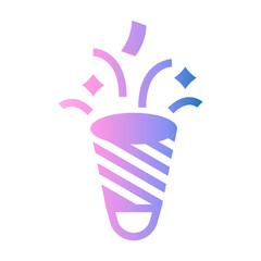 A solid gradient icon of a striped party popper releasing confetti upward, capturing festive celebrations and joyful party mood.