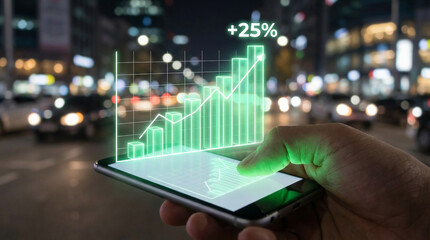 Hand holding smartphone with a green graph showing a 25% increase.