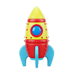 Vibrant Retro Rocket Ship with Yellow Nose Cone Red Body and Blue Fins Isolated on a Transparent White Background Minimalist Space Exploration Concept for Childhood Dreams and Outer Space Adventure