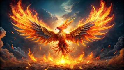 Majestic fiery phoenix rises from embers in dramatic sky