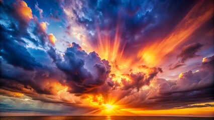 Dramatic sunset sky with fiery rays over calm water