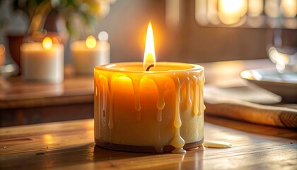macro closeup candle flame flicker warm glow melted wax detail wooden table home living evening cozy atmosphere gentle light micro motion soft warmth intimate scene domestic calm