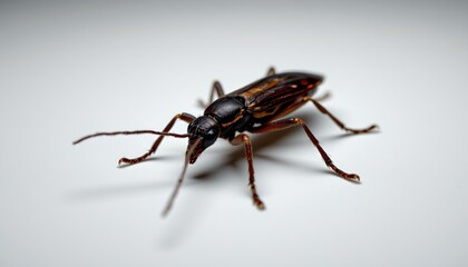 Naklejka premium A close up view of an insect with a predominantly brown body and multiple legs, positioned against a white background.
