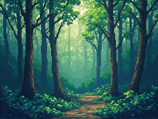 Obraz premium A pixelated forest scene featuring tall trees and a pathway leading into the misty distance.