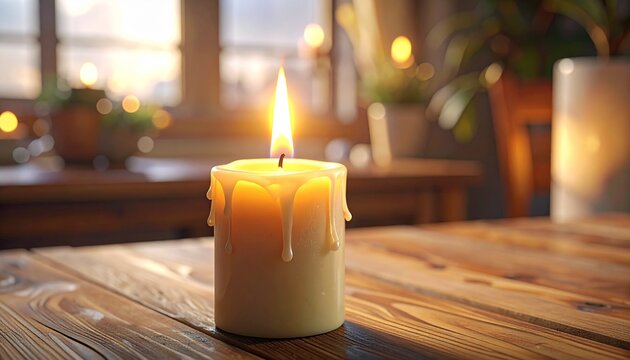 macro closeup candle flame flicker warm glow melted wax detail wooden table home living evening cozy atmosphere gentle light micro motion soft warmth intimate scene domestic calm