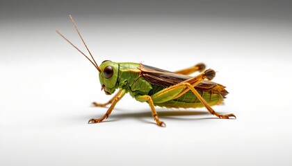 A close up of a grasshopper perched on a flat surface with a blurred background.
