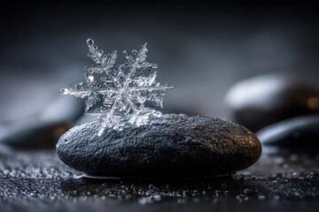 Single large snowflake resting on smooth dark stone