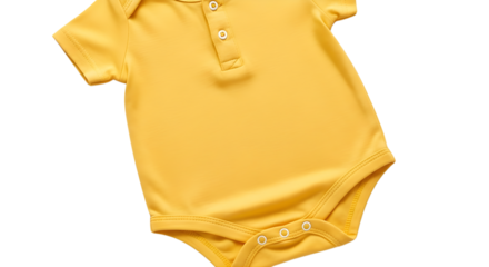A bright yellow short-sleeve polo style baby bodysuit for a newborn or infant, isolated on a clean white background