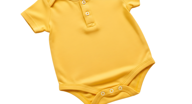 A bright yellow short-sleeve polo style baby bodysuit for a newborn or infant, isolated on a clean white background
