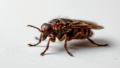 Obraz premium A single honey bee perched on a surface. The bee is detailed with its various body segments, including antennae, legs, wings, and the visible parts of its abdomen