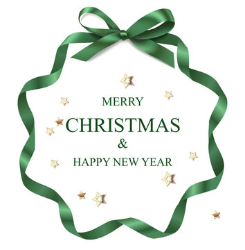 Green round frame with ribbon and bow. Christmas Decoration. Vector stock illustration.