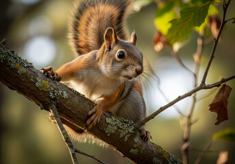 Squirrel standing on a tree branch observing something with curiosity. Natural light