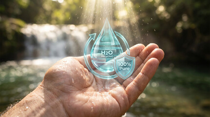 Hand holding water drop with H2O symbol and 100% pure shield, waterfall background.