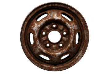 Rusty car wheel rim showing corrosion, old steel texture, and an abandoned vehicle part with a transparent background
