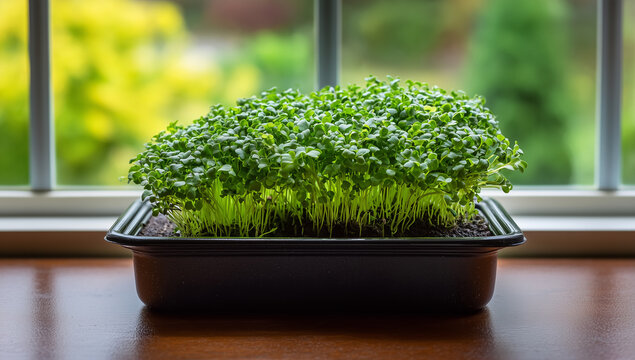 Growing microgreens in a sunny indoor garden during morning hours