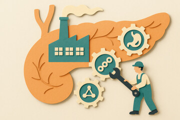 Diligent worker tunes digestive gear in conceptual pancreas factory. This creative papercut illustration shows enzyme production with focused pastel, orange, and teal palette