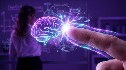 Woman touches a glowing brain hologram, representing neuroscience, artificial intelligence, or mental health concepts.