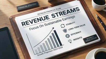Detailed financial plan featuring 'Revenue Streams', stability terms, insights, and a clean graph, professional business visualization