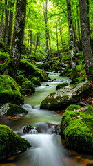 Forest creek flowing gently between moss-covered rocks, calm and soothing mood