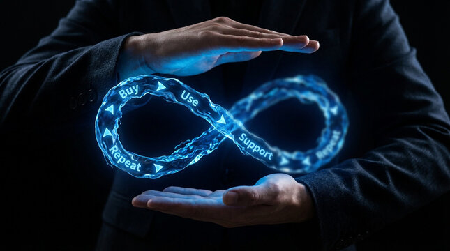Infinity loop of product lifecycle in hands, representing buy, use, support, repeat.