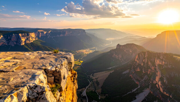 Cliffside viewpoint overlooking a vast mountain landscape, freedom and escape mood
