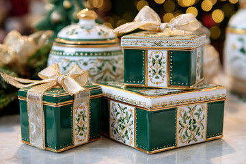 Elegant emerald gift boxes with gold bows for luxurious holiday giving or timeless home decor accents with vintage charm and sophisticated style