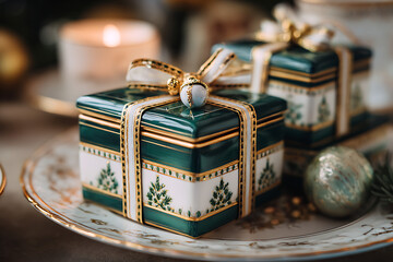 Elegant green gift boxes with golden ribbons for luxury celebrations and festive occasions, creating a warm and inviting holiday atmosphere