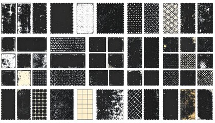 Set of grunge rolled ink stamp textures handmade with brayer. Letterpress vintage rough irregular rectangle vertical backgrounds Linocut relief printing shapes vector illustration transparent backdrop