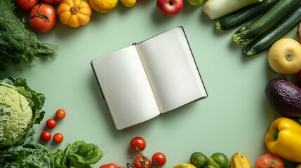 Fresh vegetables and fruits surround a blank notebook on a green table
