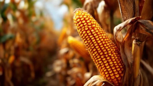 Close-up of a ripe corn ear with golden kernels, drying husks, autumn field backdrop under warm sun