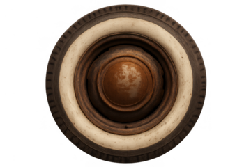 Rusty vintage car wheel with a white wall tire, showing classic automotive design and retro style, transparent background