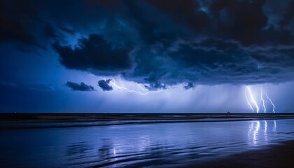 Lightning strikes over the ocean during a dark stormy night.