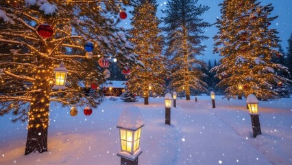 Winter Wonderland Snow-Covered Path Lit by Lanterns Leading to Cozy Cabin
