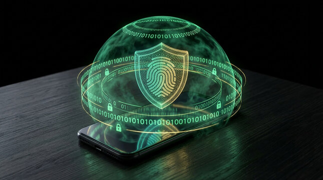 Digital fingerprint security shield over a smartphone on a dark surface. - Powered by Adobe