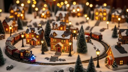 A magical miniature Christmas village diorama with a model train traveling through a snowy landscape illuminated by warm festive lights