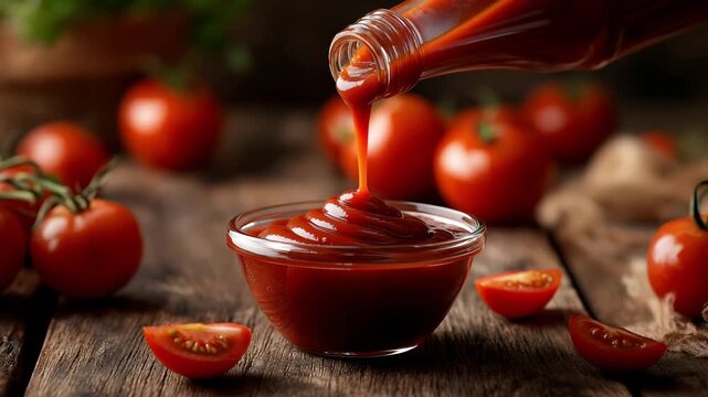 Pouring delicious ketchup from a glass bottle onto glass bowl on wooden table, Surrounded by red ketchup sauce and tomatos
