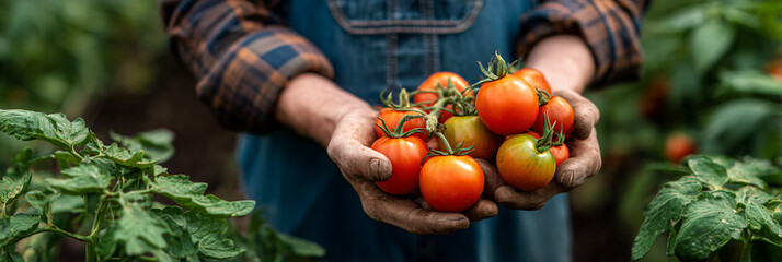 Fresh red tomatoes picked by hands in a lush garden setting