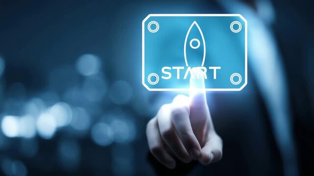 Man Hand Touching A Start Button With Rocket Icon On A Digital Screen Over A Blurred City Background At Night
