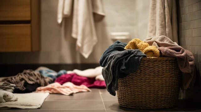 An laundry basket in a modern bathroom with lots of messy clothes scattered on the floor