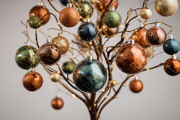 Elegant Christmas ornaments adorn a unique tree, creating a festive holiday atmosphere with a touch of modern sophistication for your seasonal designs
