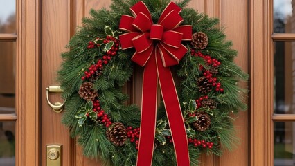 Festive Christmas Wreath Adorning a Wooden Door, Perfect for Holiday Season Decoration