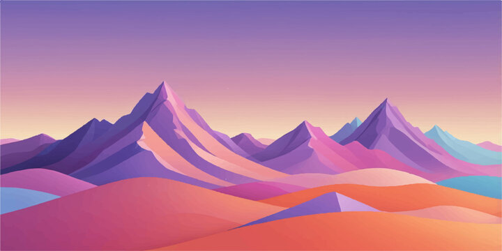 Vibrant layered mountain landscape illustration with pink and purple geometric shapes under a dramatic sunset sky.