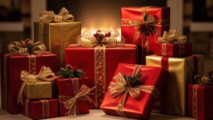 Elegant Holiday Gift Collection Wrapped Presents with Festive Ribbons and Bows, Ready for Celebrations