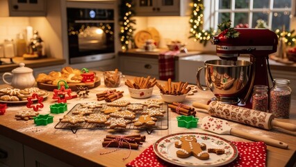 Homemade Christmas cookies on a flour-dusted countertop in a warmly decorated kitchen, capturing the sweet tradition of holiday baking