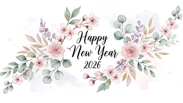 Happy new year greeting card with floral watercolor design - Powered by Adobe