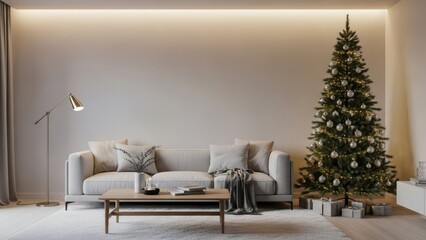 Cozy and Modern Living Room Interior Featuring a Beautifully Decorated Christmas Tree and Warm Ambient Lighting, Perfect for Holiday Season Celebrations and Relaxing Winter Evenings