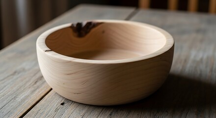 Handcrafted wooden bowl showcases artistry on weathered table surface