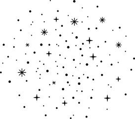 Black and white scattered star and dot pattern on white background